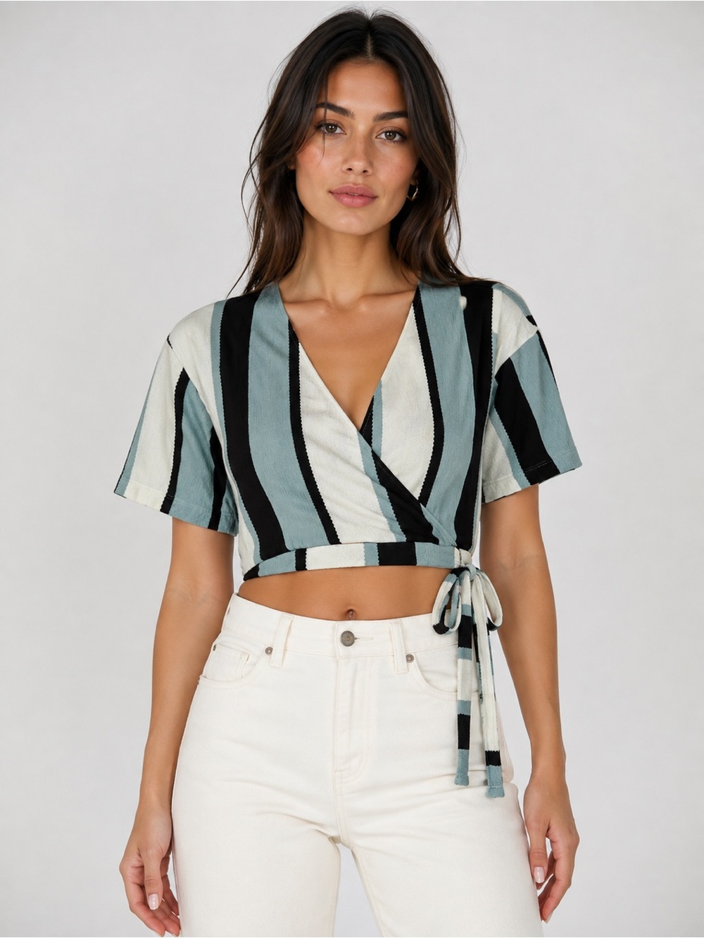 Zara Striped Wrap Crop Top in Sage, Black & Cream